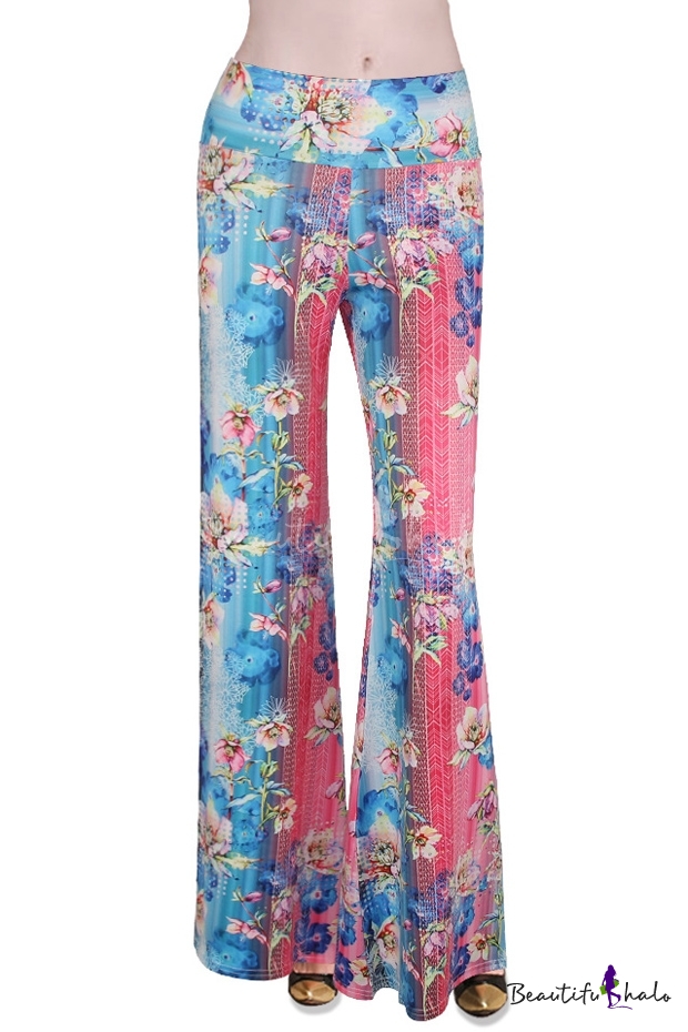 Floral Print Ombre Elastic Waist Wide Leg Flare Pants - Beautifulhalo.com