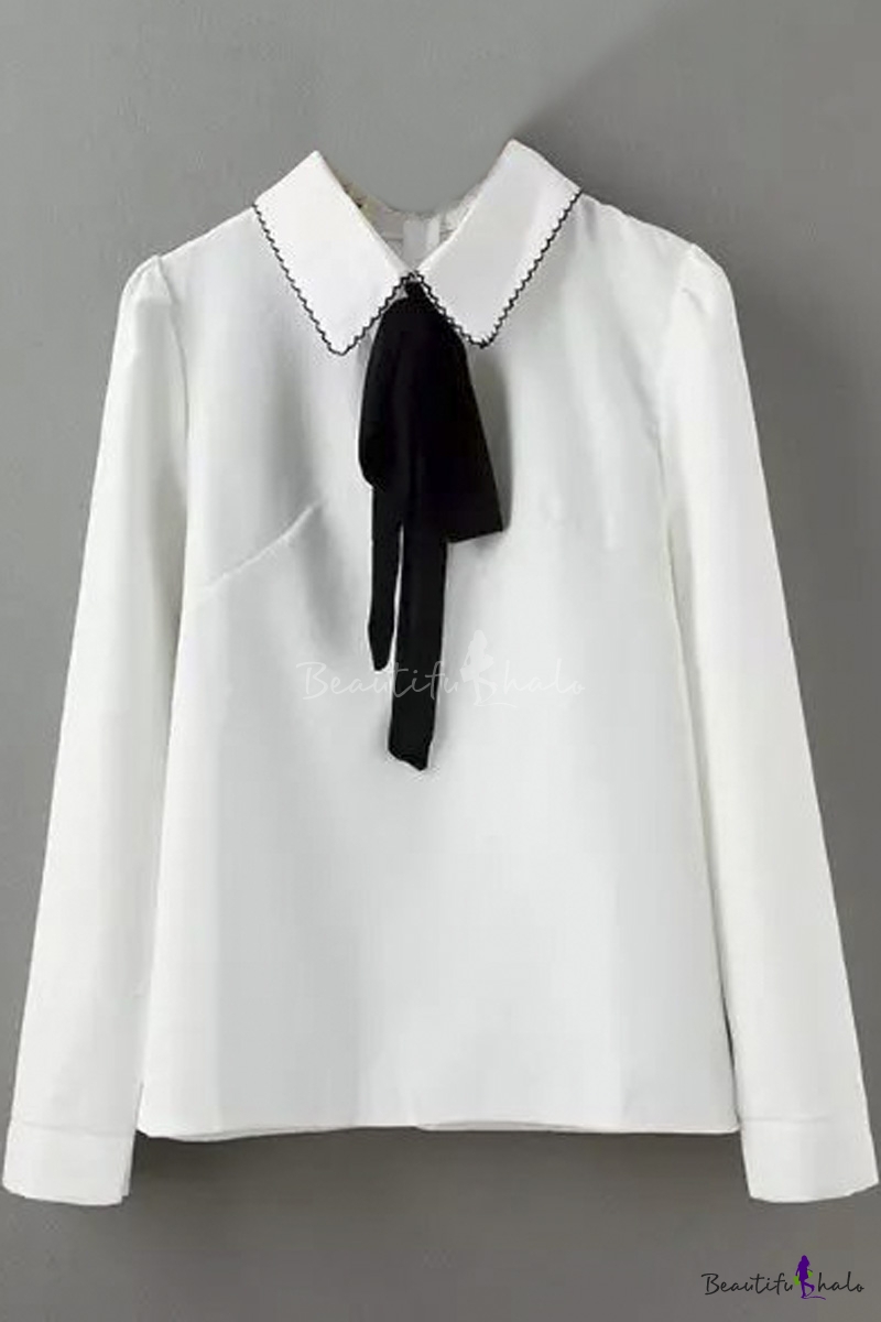 Contrast Collar Bow Tie Front Long Sleeve Blouse - Beautifulhalo.com