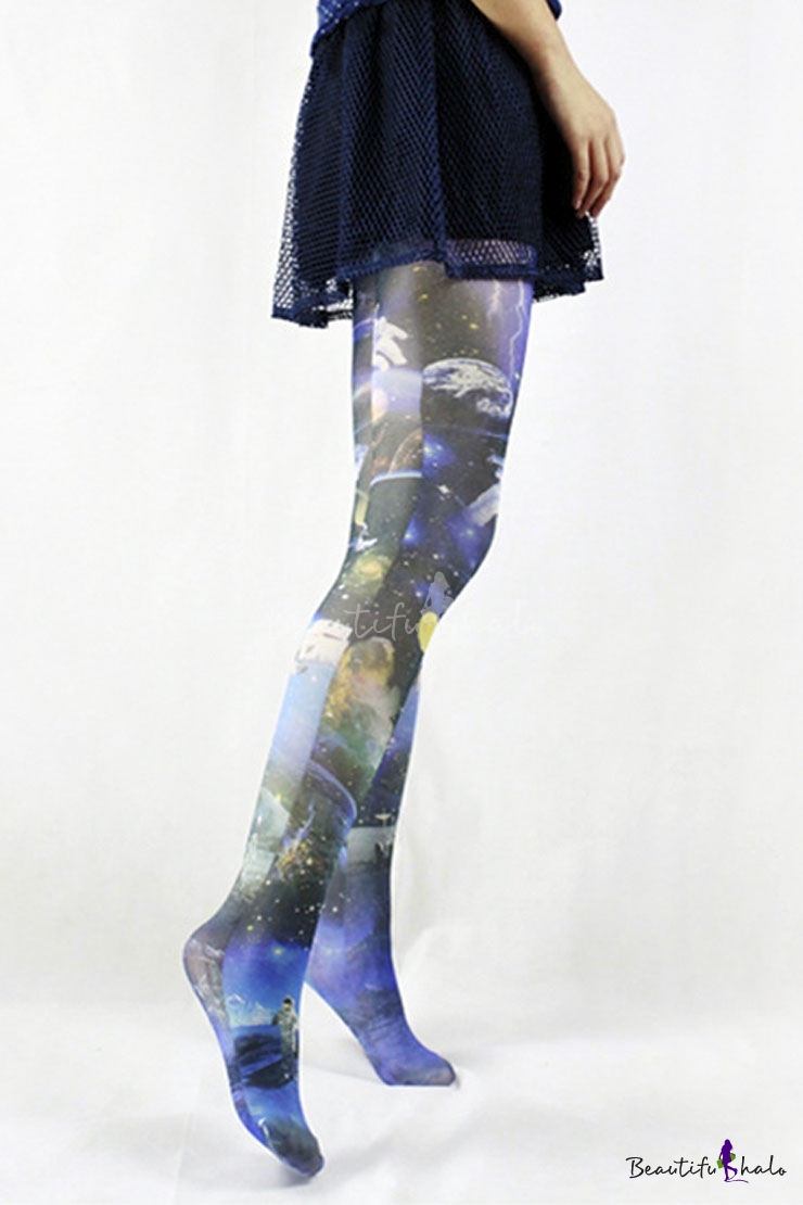 High Waist Outer Space Astronauts Print Pantyhose - Beautifulhalo.com