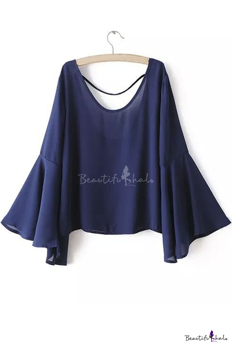 Plain Scoop Neck Backless Flared Sleeve Loose Blouse - Beautifulhalo.com