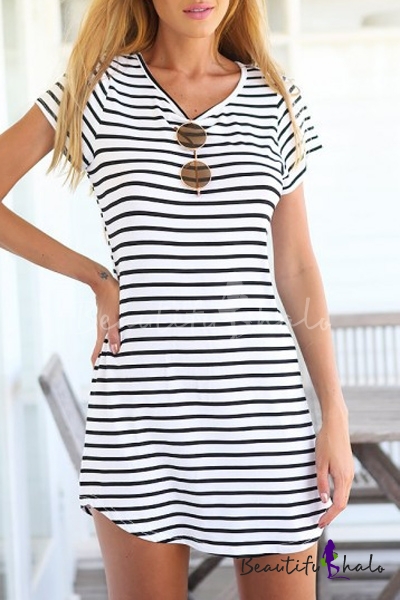 Striped V-Neck Short Sleeve Mini Shift Dress - Beautifulhalo.com