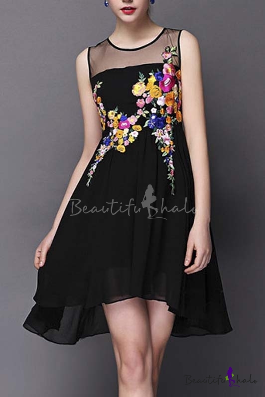 Tulle Sheer Neck Sleeveless High Low Hem Flower Embroidery A-Line Mini