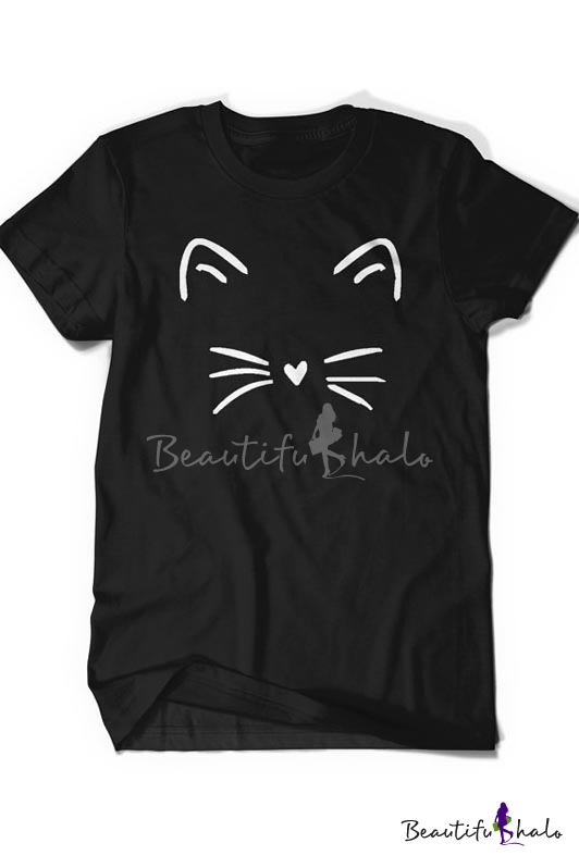 Young Style Chic Round Neck Short Sleeve Cartoon Cat Print Tee ...