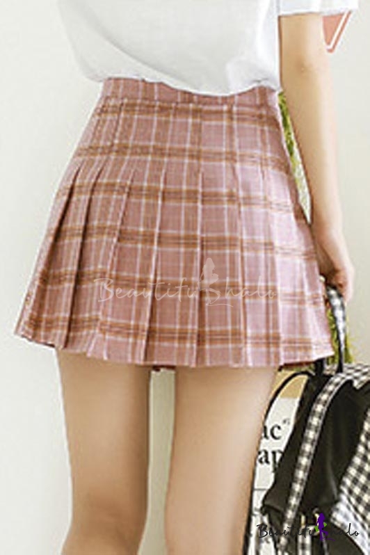 Lovely Check Printed Pleated Mini Skirt - Beautifulhalo.com