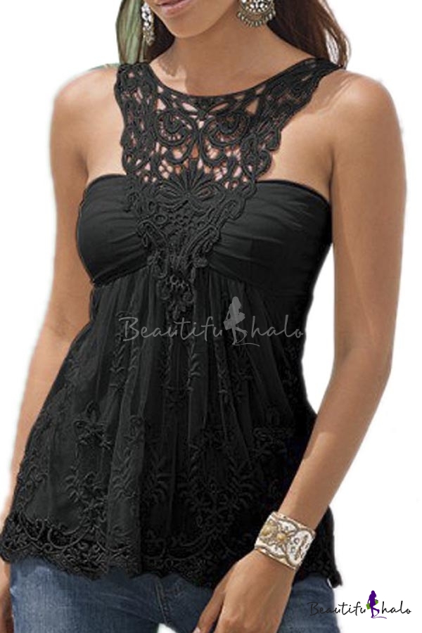 Women Lace Floral Sleeveless Halter Backless Vest Top Blouse ...