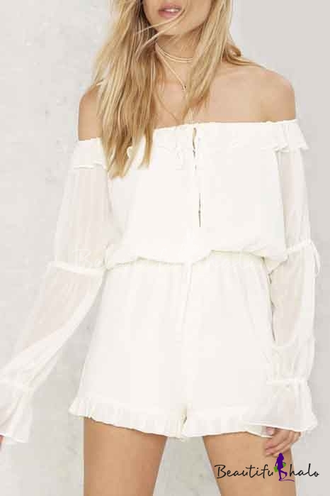 Off The Shoulder Ruffle Sheer Bell Sleeve Chiffon Loose Rompers ...
