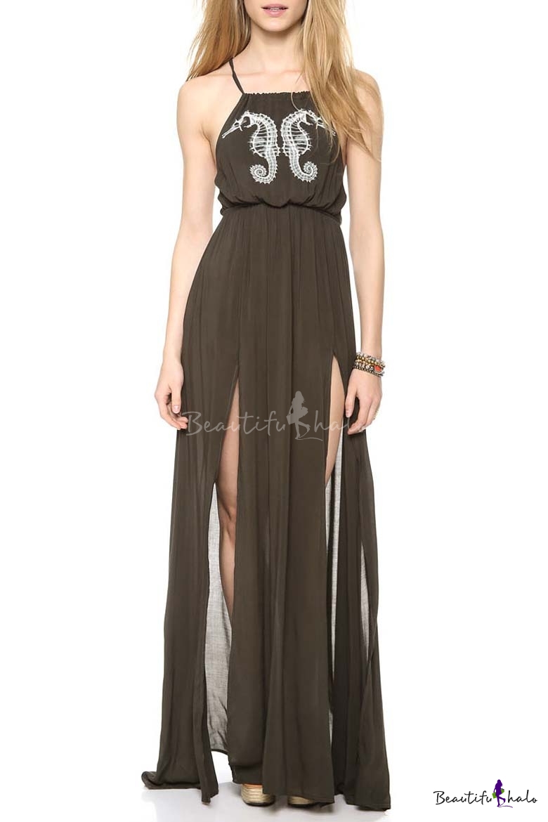 Elegant Split Front Criss Cross Back Maxi Dress