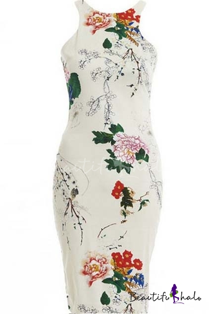 Women's Floral Midi Bodycon Dress - Beautifulhalo.com