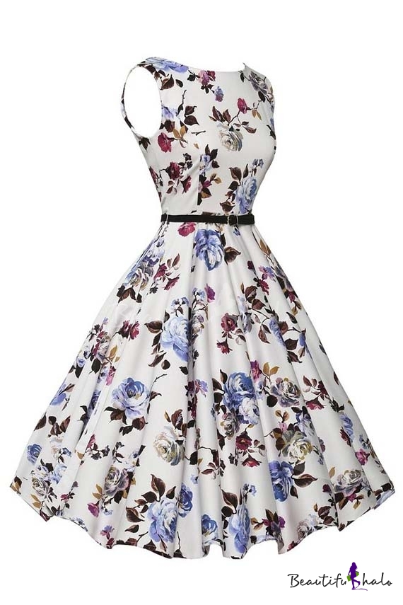 Sleeveless Vintage Tea Dress with Belt - Beautifulhalo.com