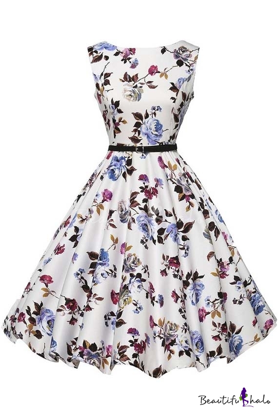 Sleeveless Vintage Tea Dress with Belt - Beautifulhalo.com