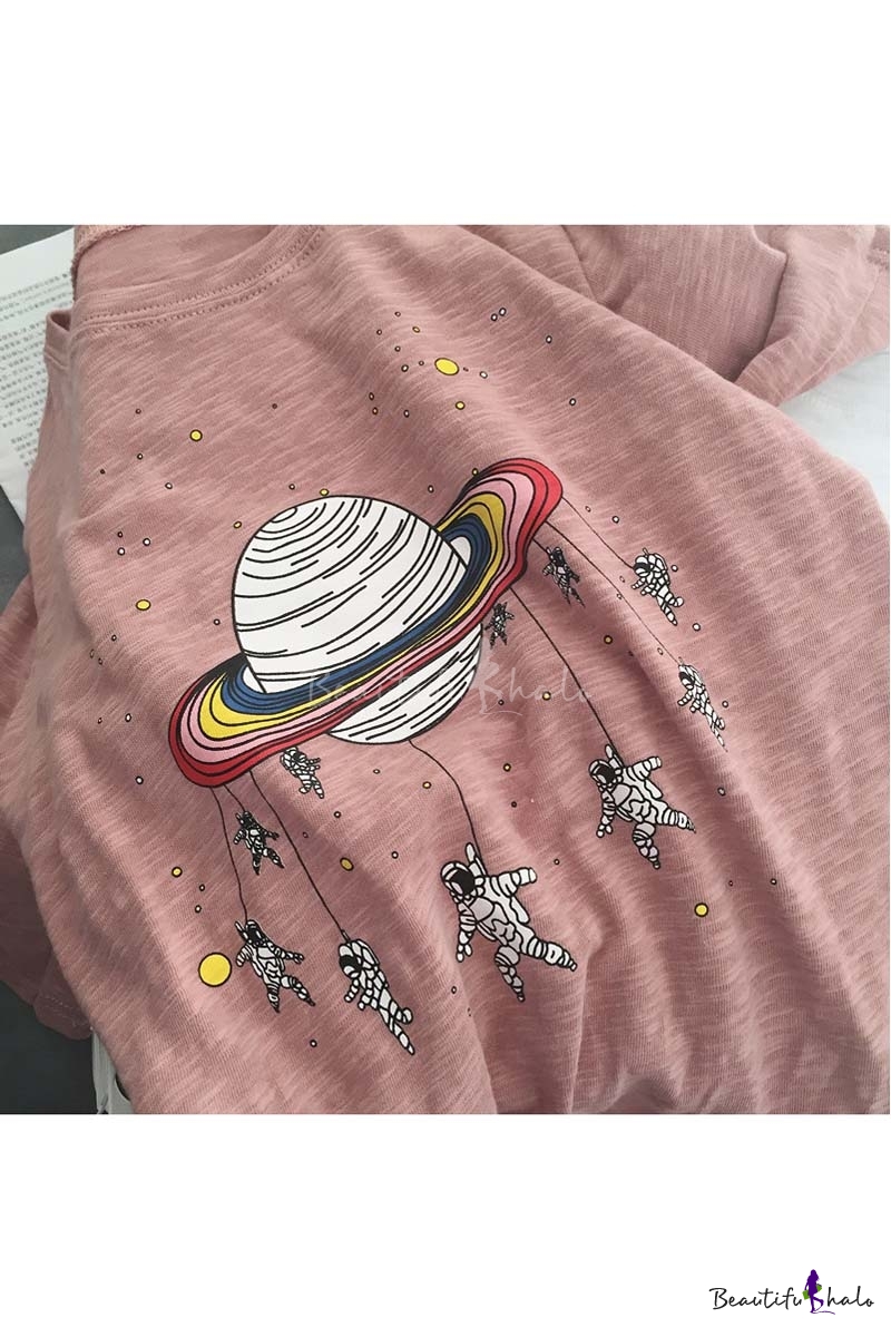 Fashion Cartoon Planet And Astronauts Print Round Neck Short Sleeve T