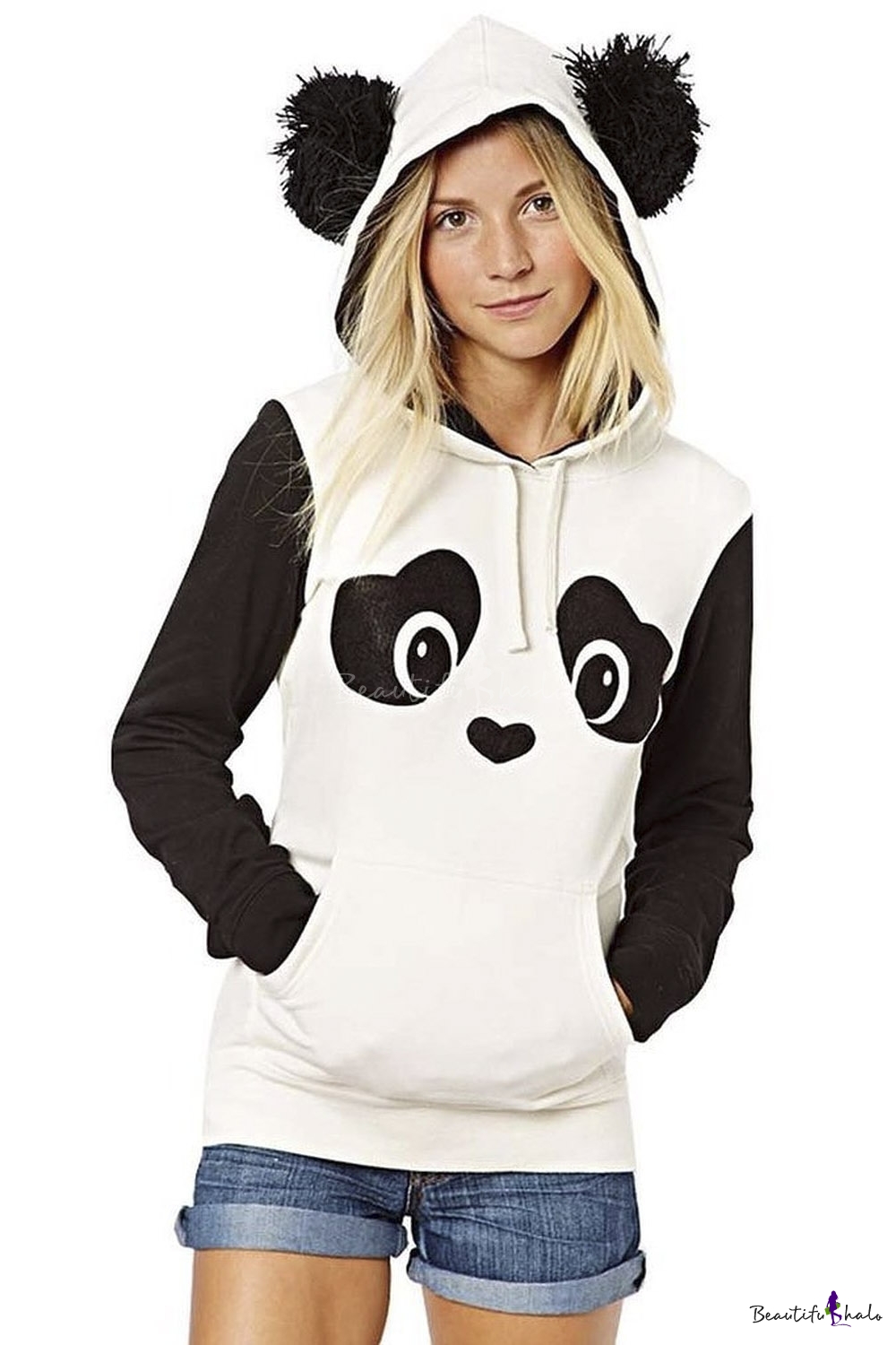 Womens Cute Panda Print White And Black Fleece Hoodie Tops 1151