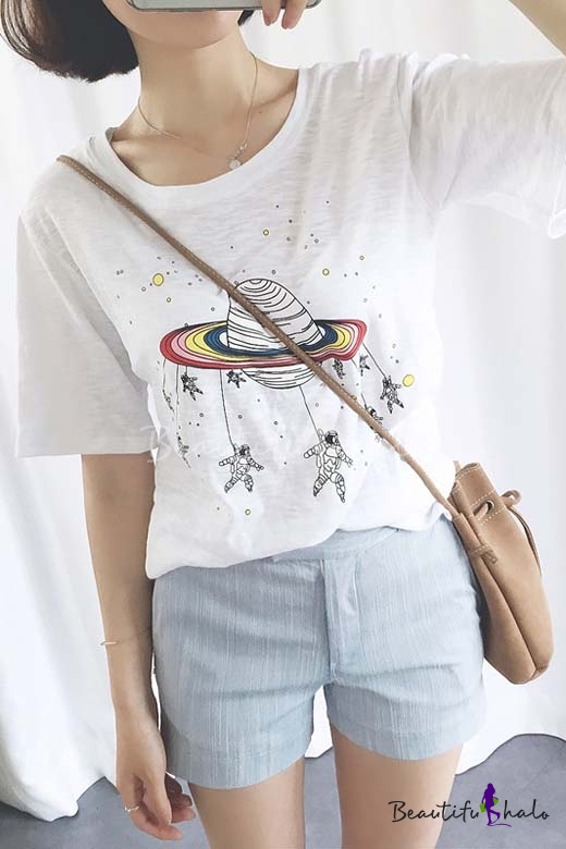 Fashion Cartoon Planet And Astronauts Print Round Neck Short Sleeve T