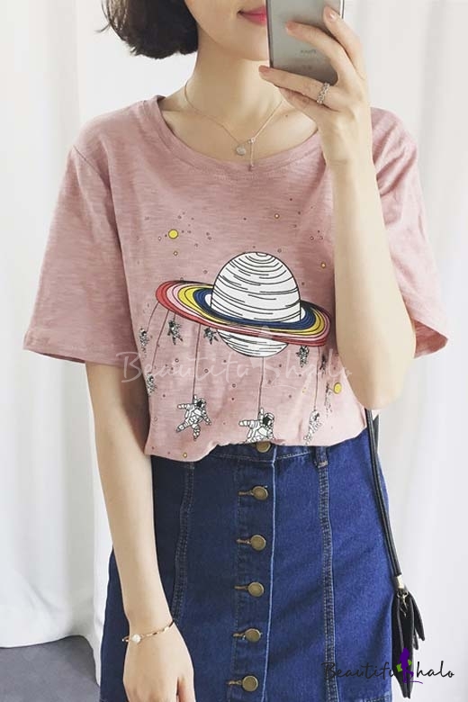 Fashion Cartoon Planet And Astronauts Print Round Neck Short Sleeve T