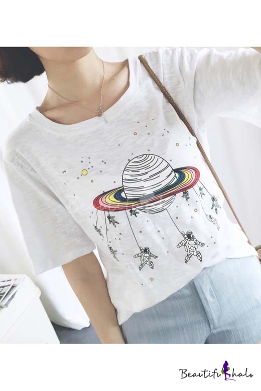 Fashion Cartoon Planet And Astronauts Print Round Neck Short Sleeve T