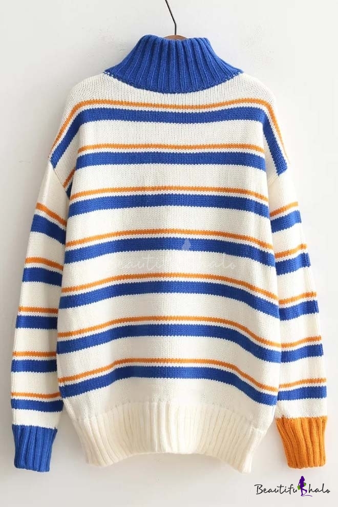 Stylish Color Black Stripe High Neck Long Sleeve Loose Sweater ...