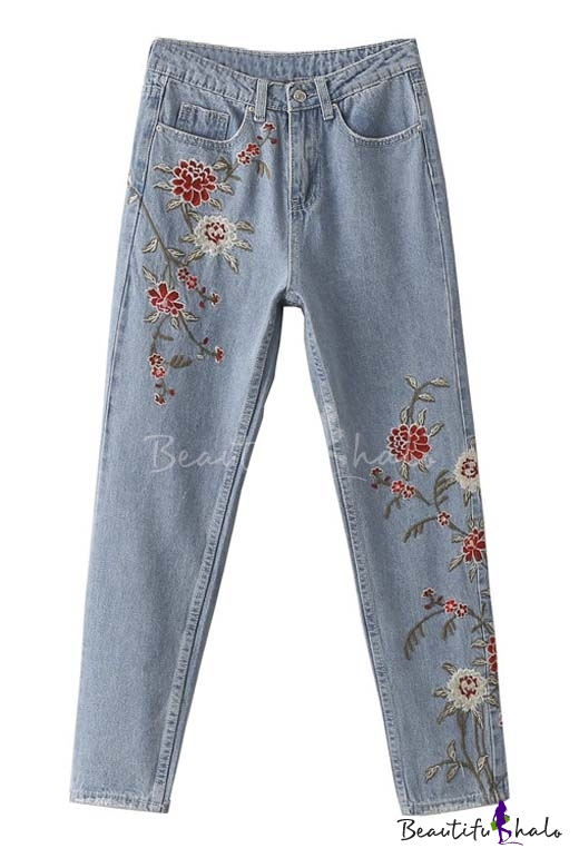 Trendy Embroidery Floral Ripped Cuffs Mid Waist Jeans - Beautifulhalo.com
