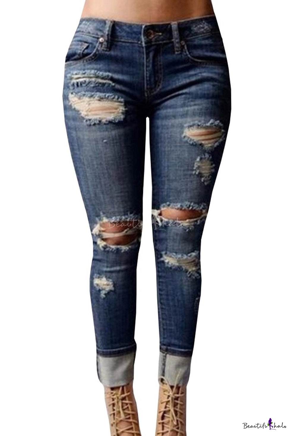 Women's High-waisted Ripped Holes Skinny Jeans Plus Size ...