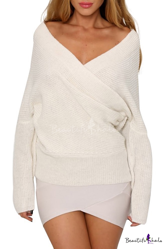 Womens V Neck Off Shoulder Knitted Wrap Sweater Pullover 6452