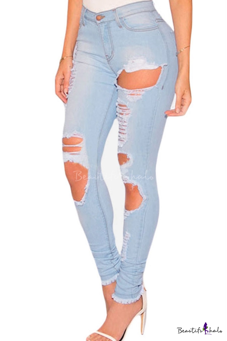 Women Casual Destroyed Ripped Distressed Skinny Denim Jeans