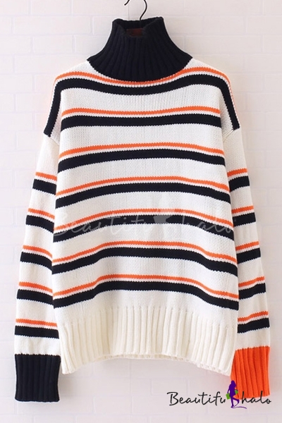 New Arrival Striped High Neck Dropped Long Sleeve Contrast Cuffs ...