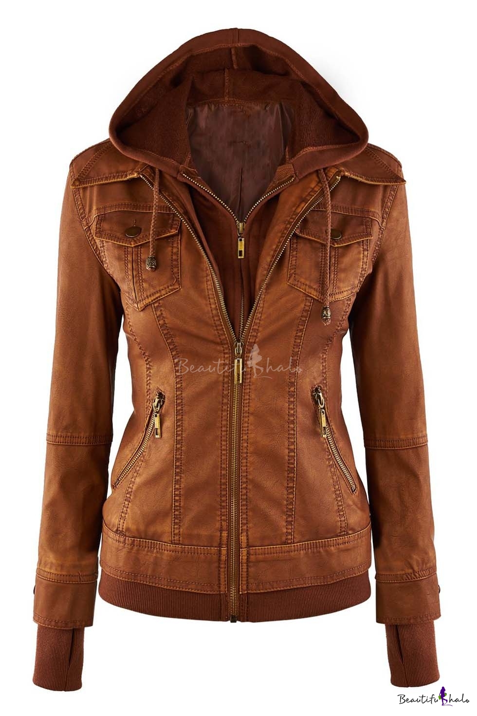 Womens Hooded Faux leather Jacket - Beautifulhalo.com