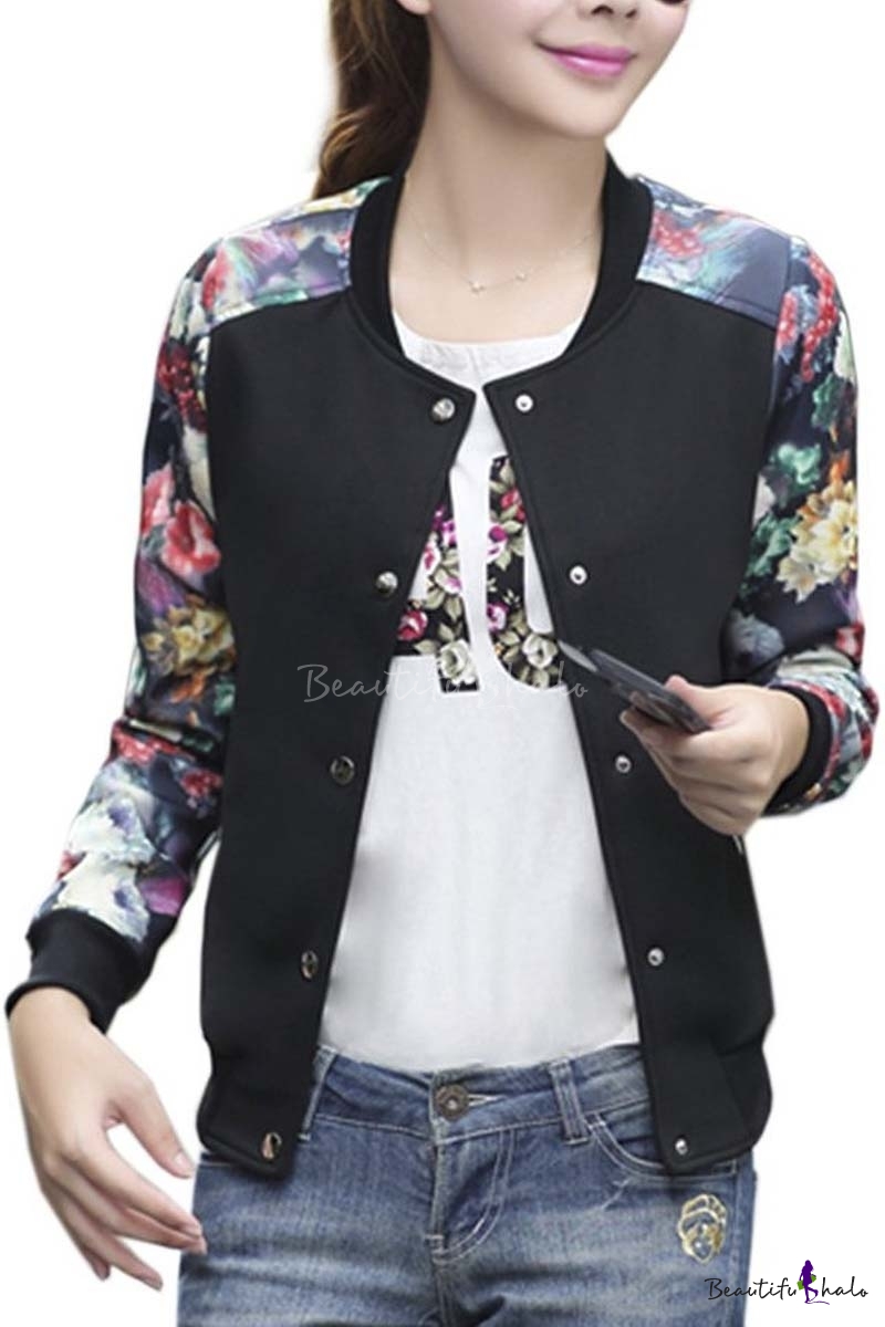 YouzhiWan007 New Flower Print Plus Big Size Baseball Short Jacket Women Round Collar Button Thin Jackets Long Sleeves Girl Coat Basic