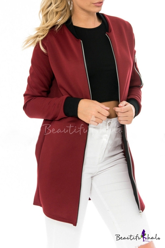 Womens Contrast Cuff Long Solid Color Classic Jacket - Beautifulhalo.com
