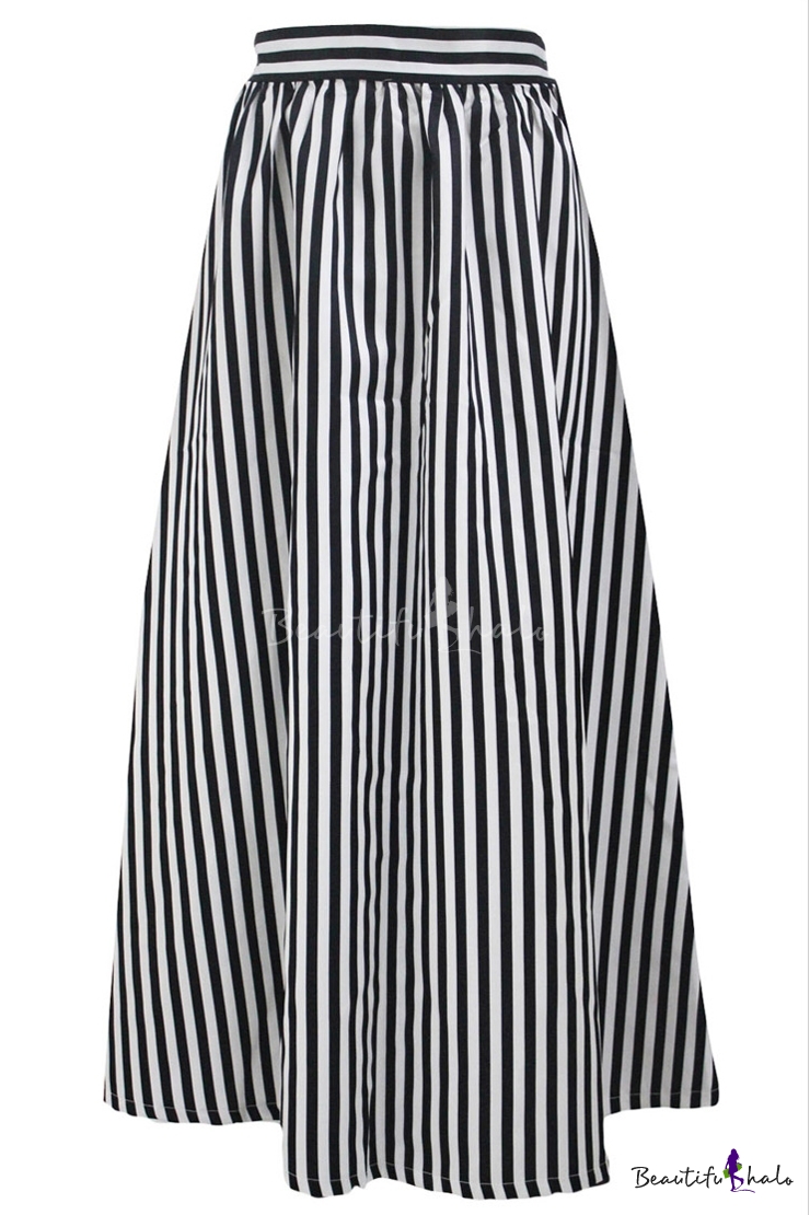 Women's Elastic Classic Black White Striped Print A-Line Maxi Skirt ...