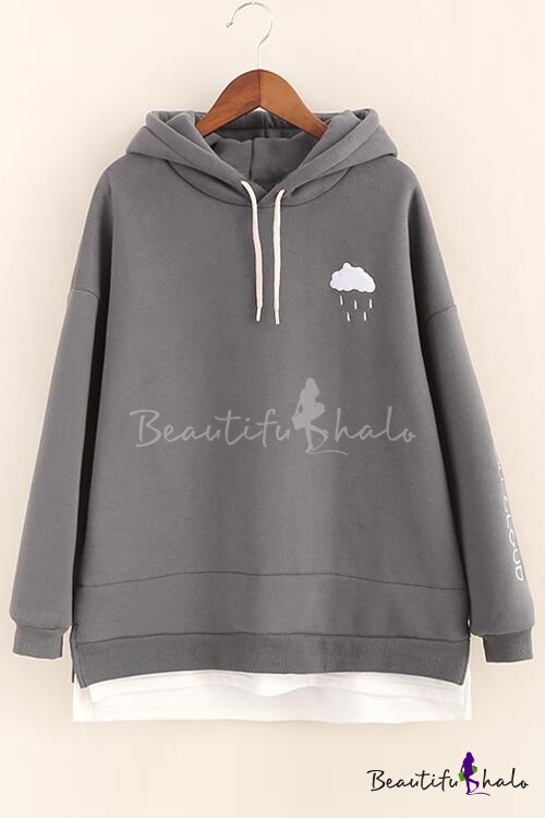 Cloud Embroidery Letter Print Patchwork Long Sleeve Women's Hoodie ...