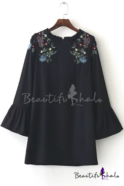 Women's Petal Round Neck Flare Sleeve Embroidery Shoulder Shift Mini ...