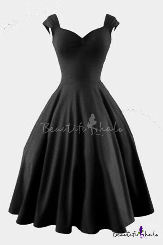 Vintage V-Neck Cap Sleeve Plain Midi A-Line Flare Dress - Beautifulhalo.com