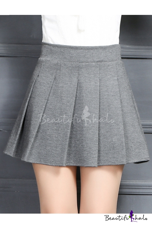 Trendy High Waist A-Line Plain Mini Pleated Skirt - Beautifulhalo.com