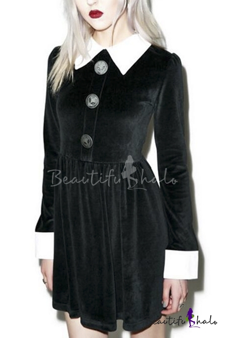 Women's Contrast Lapel and Cuffs A-Line Mini Dress with Buttons ...