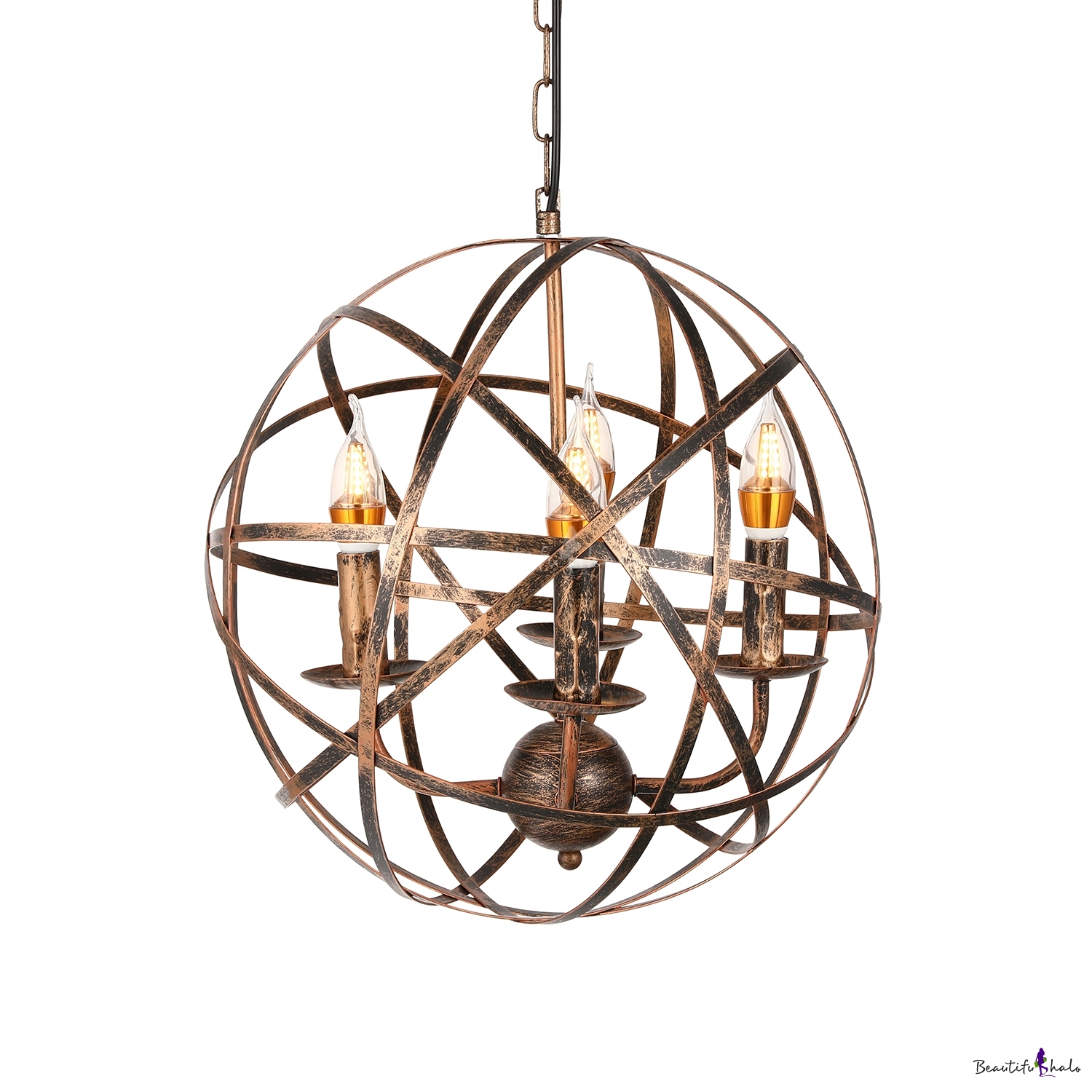 Aged Brass 4 Light Candle Chandelier with Globe Shade in Rustic Iron ...