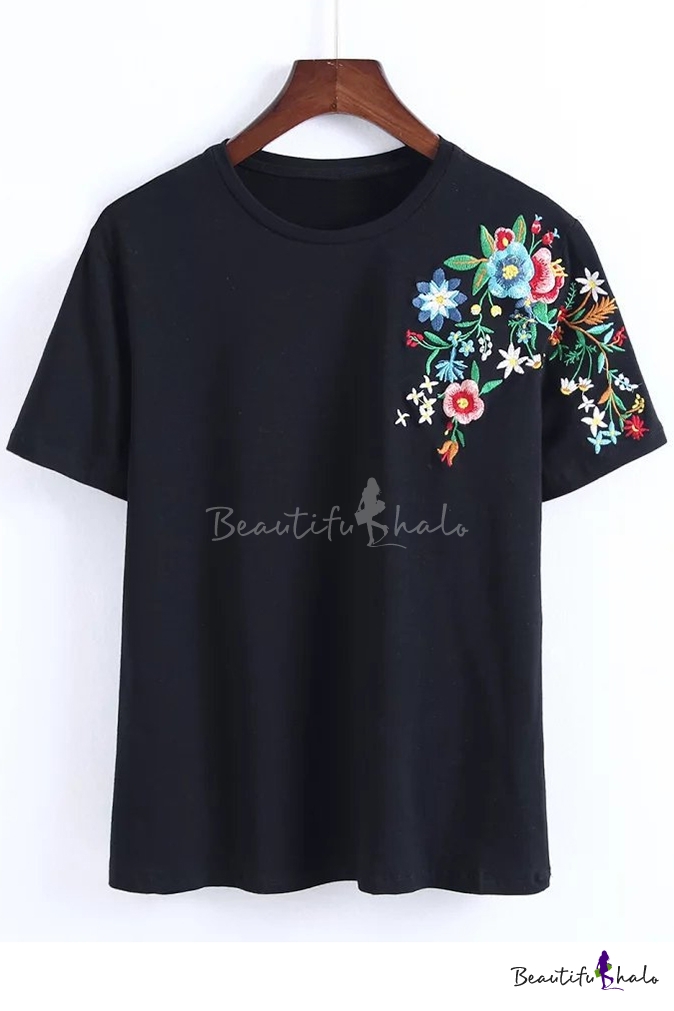 Embroidery Floral Shoulder Short Sleeve Round Neck Casual Tee ...