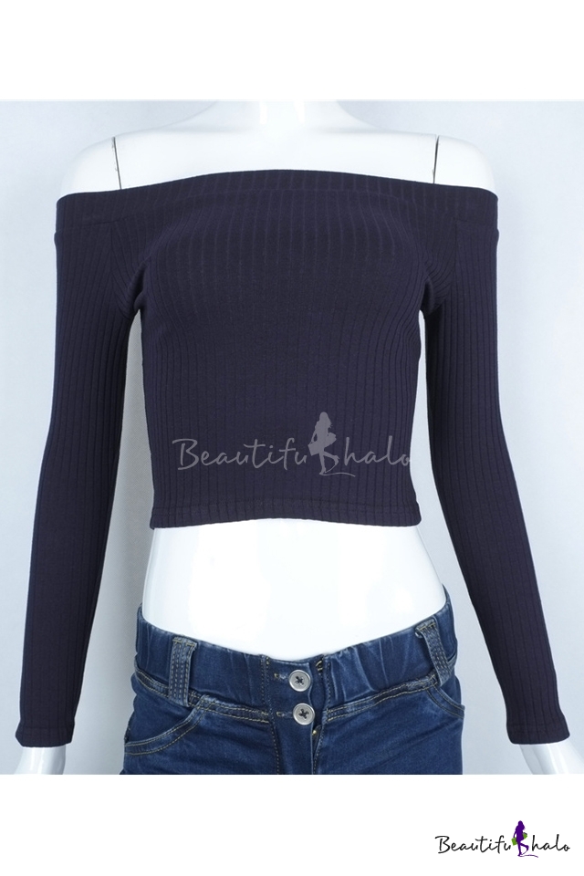 New Sexy Off the Shoulder Long Sleeve Plain Pullover Cropped Sweater ...