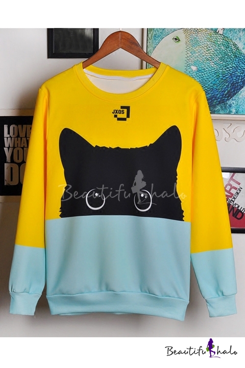 color block cat print sweatshirt