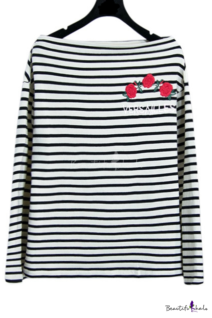 Boat Neck Embroidery Floral Pattern Striped Color Block ...