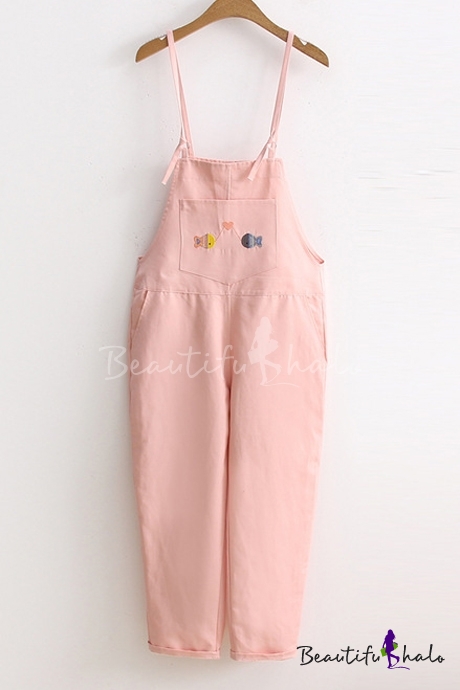 Summer's Cartoon Fish Embroidered Wide Legs Overalls with Pockets ...