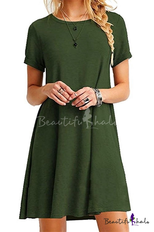 Casual Short Sleeve Round Neck Plain Mini Swing Dress - Beautifulhalo.com