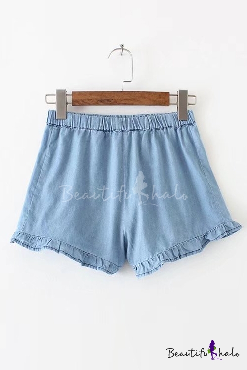 Simple Ruffle Hem Elastic Waist Plain Denim Shorts - Beautifulhalo.com