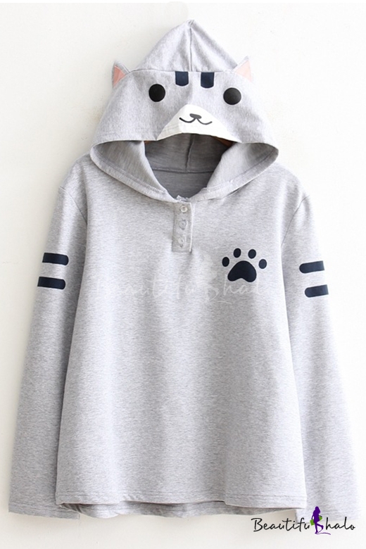 Cute Cartoon Cat Printed Hooded Long Sleeve Striped Hoodie Sweatshirt ...