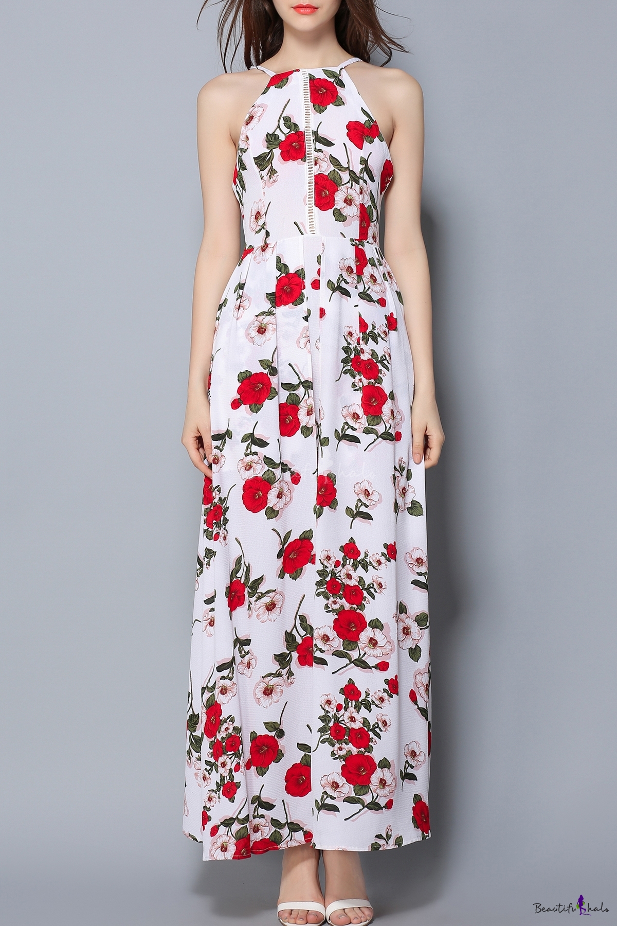 Elegant Floral Printed Spaghetti Straps Sleeveless Split Front Maxi Dress 