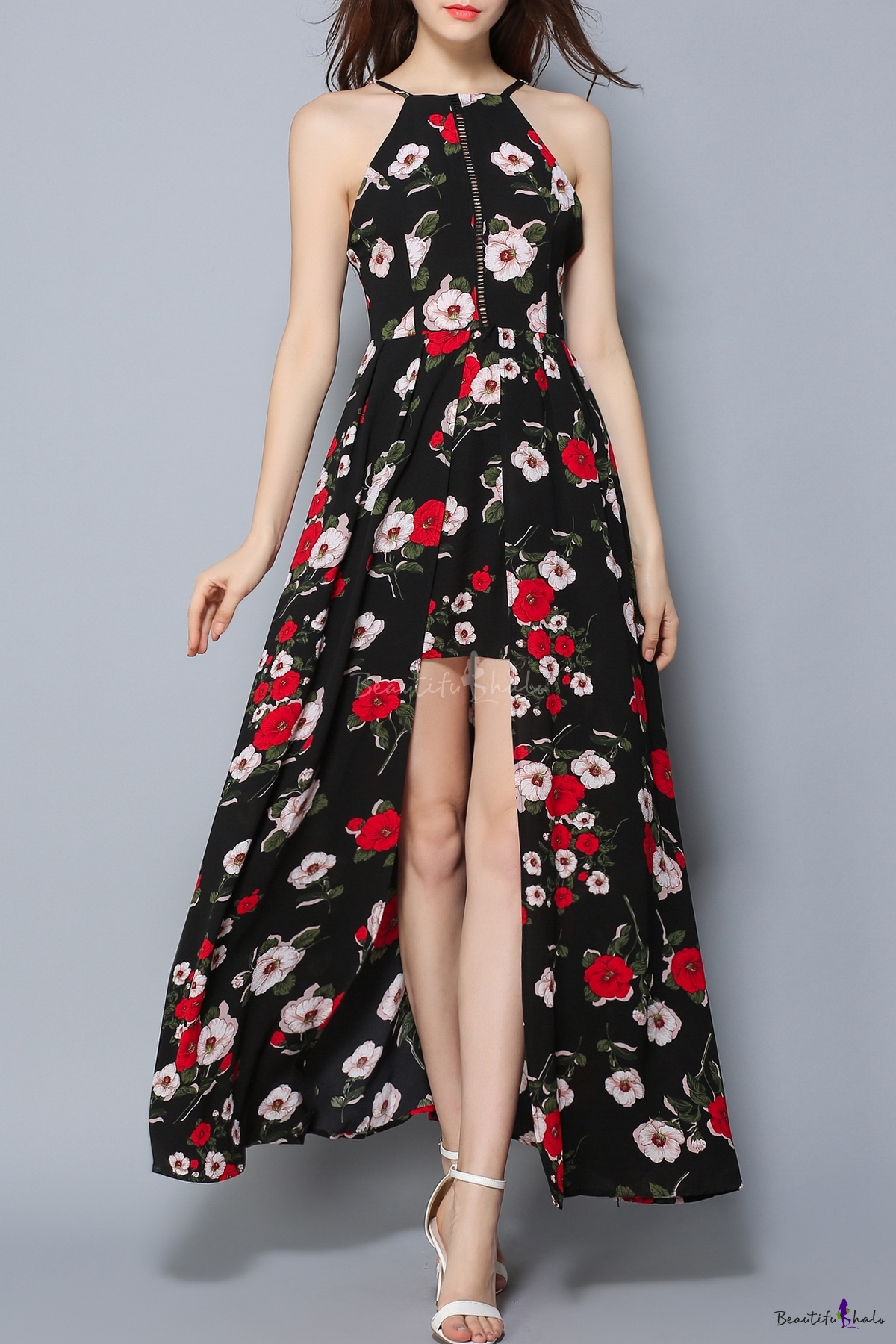 Elegant Floral Printed Spaghetti Straps Sleeveless Split Front Maxi Dress 