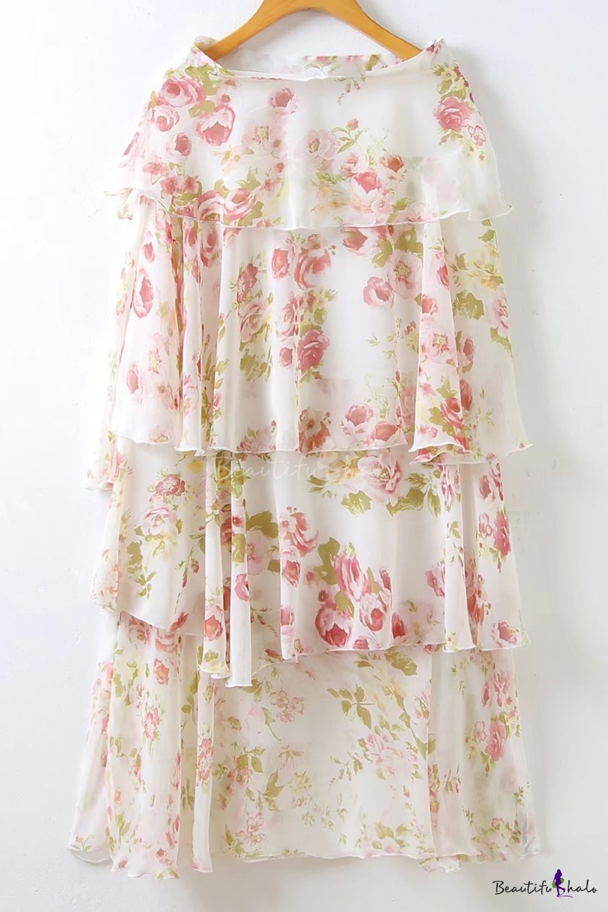 Summer's Chic Floral Printed Ruffle Hem Layered Chiffon Maxi Skirt ...