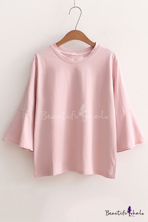 Round Neck Plain Bell Sleeve Three Quarter Sleeve Cover Ups