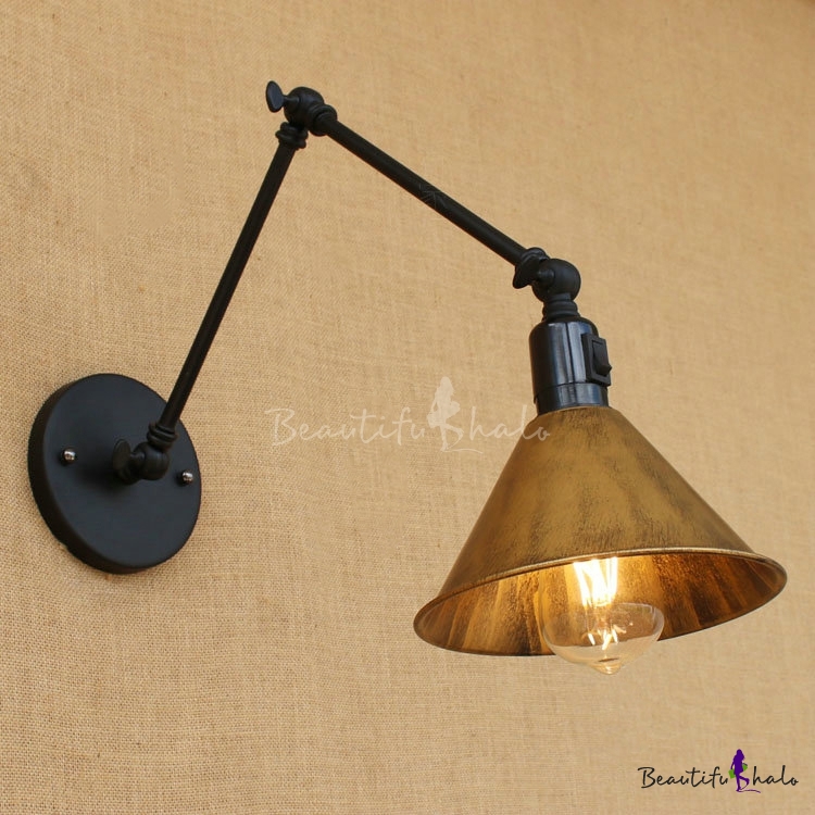 Industrial Swing Arm Wall Sconce with Conical Shade, Heritage Brass ...