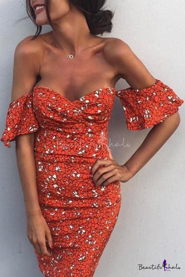 sexy orange red off shoulder floral print bodycon dress