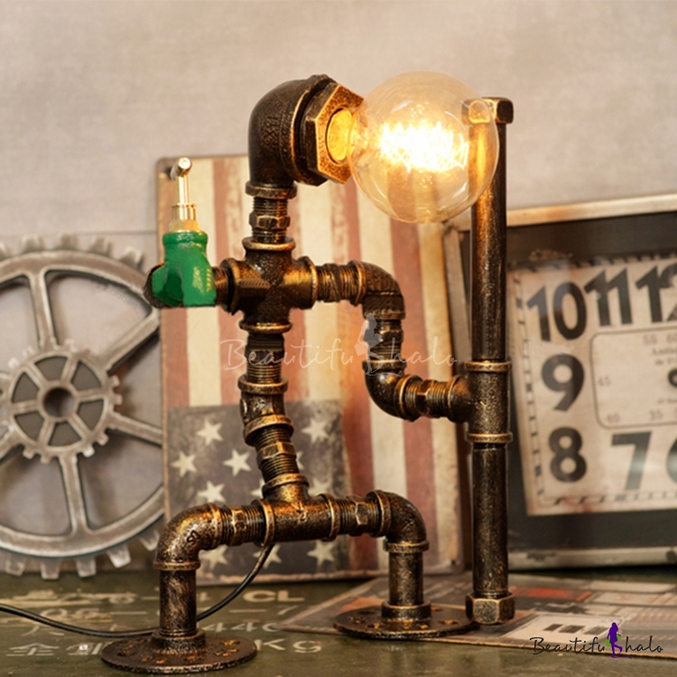 Industrial Pipe Desk Lamp With Robert Shape Base Aged Bronze
